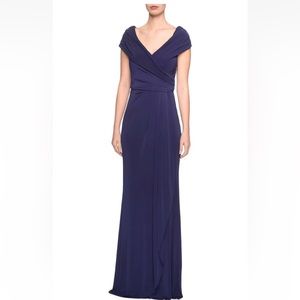 LA FEMME 26519 Off The Shoulder Ruched Jersey Gown Dress Navy Blue NWOT 8